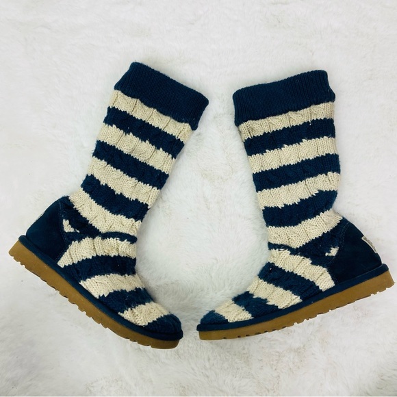 UGG Shoes - UGG Navy & cream Striped Knit Boots cable-knit upper and a shearling-lined base